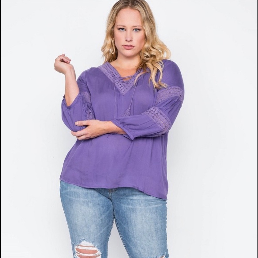 😍💜Cute, Plus Size, Boho, Crochet Trim Top💜